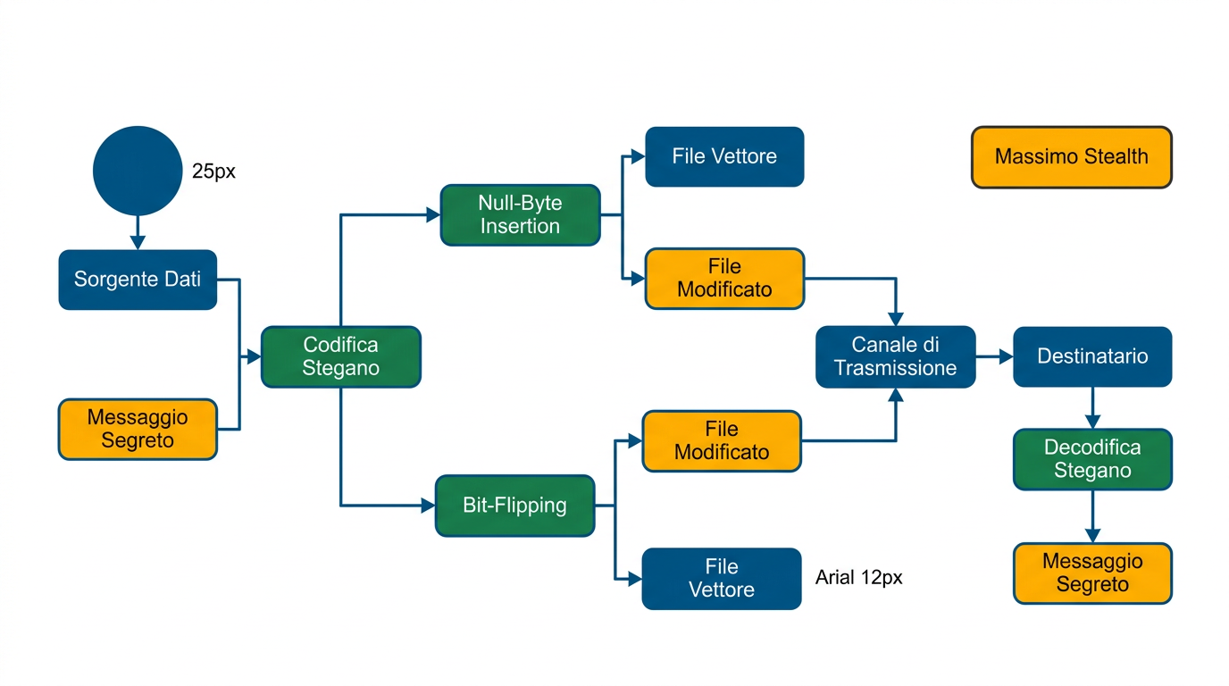 Diagramma: Tecniche steganografiche (null-byte / bit-flipping) garantiscono massimo stealth
