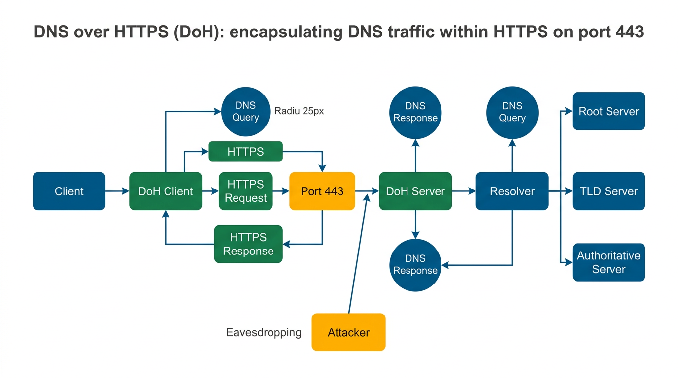 Diagramma: DoH incapsula DNS in HTTPS sulla porta 443